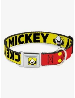 Flash Sale ✔️ Disney Mickey Smiling Up Pose Flip Buttons Yellow Black Red Seatbelt Buckle 🦮 Dog Collar 🤩