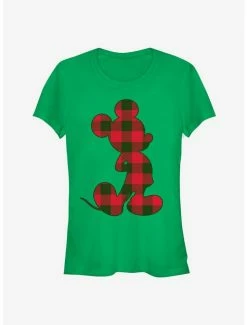 Best Sale ✨ Disney Mickey Mouse Holiday Plaid Outline Classic 👧 Girls T-Shirt 😍