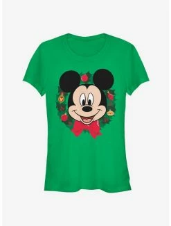 Cheap 🔥 Disney Mickey Mouse Face Holiday Wreath Classic 👧 Girls T-Shirt 😍