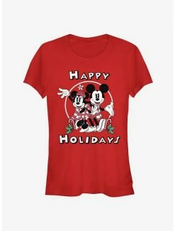 Cheap 🤩 Disney Mickey Mouse And Minnie Mouse Happy Holidays Classic 👧 Girls T-Shirt ❤️