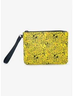 Best Pirce 🔥 Disney Mickey Mouse Mickey Mouse Icon Doodles All Over Yellows Black Single Pocket Wristlet ⌛