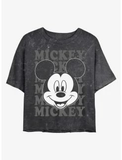 Hot Sale 😀 Disney Mickey Mouse Big Face Mineral Wash Crop 👧 Girls T-Shirt ⭐