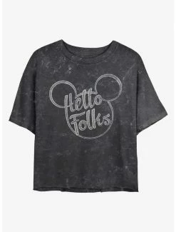 Budget 🌟 Disney Mickey Mouse Hello Folks Mineral Wash Crop 👧 Girls T-Shirt 🛒
