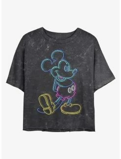 Best Pirce 🎁 Disney Mickey Mouse Neon Mickey Mineral Wash Crop 👧 Girls T-Shirt 😀