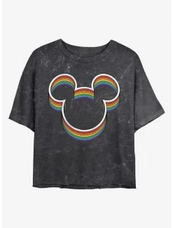 Best Pirce ⭐ Disney Mickey Mouse Rainbow Ears Mineral Wash Crop 👧 Girls T-Shirt 👍